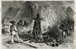 La cremazione di un Roucouyenne (o wayana), tribù che vive lungo i fiumi Mana e Maroni, di fronte al rogo, Dr. Crevaux, incisione di Riou, per illustrare il viaggio di esplorazione nell