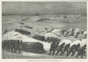 La partenza delle slitte Alert, nave della spedizione polare, disegno di Riou, per illustrare la storia di un viaggio al mare polare nel 1875-1876, del Capitano G.S.Nares. Incisione in Le tour du monde da Edouard Riou
