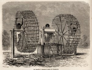 Il mulino per macinare la canna da zucchero di Sarayacu (Perù), disegno di Riou per illustrare il viaggio di Paul Marcoy dall