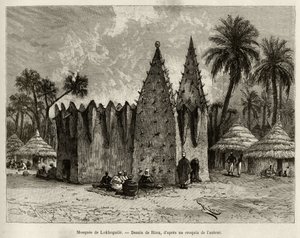 La moschea di Lokhognile (Golfo di Guinea). Incisione di Riou, per illustrare la storia Dal Niger al Golfo di Guinea di Capitano Louis Gustave Binger, in Le tour du monde, nouveau journal des voyages, sotto la direzione di Edouard Charton da Edouard Riou