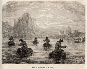 La pesca del suchi (piccolo pesce marrone della specie dei pesci gatto) sul lago di Villafro, vicino al villaggio di Cailloma, gli indiani con un califourchon su balle di erba attirano i pesci con pezzi di carne, incisione di E.Riou illustrante il viaggio 