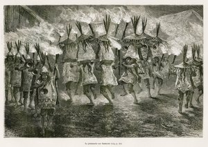 La passeggiata con le torce per le strade di San Jose, disegno di E. Riou, per illustrare il viaggio nella regione del Titicaca e nelle valli dell