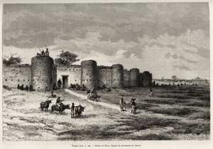La città di Tiong-Gi, con le sue fortificazioni e torri di argilla. Incisione di Riou, per illustrare la storia Dal Niger al Golfo di Guinea di Capitano Louis Gustave Binger, in Le tour du monde, nouveau journal des voyages, sotto la direzione di Edouard C da Edouard Riou