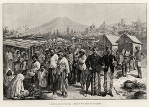 La passeggiata al Pager Alam Cafe (Malesia). Incisione di Riou per illustrare la storia 