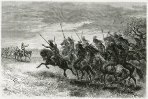 Indiani Tobas (dalla regione del Chaco, tra Paraguay e Bolivia) che rifiutano di passare alla colonna della spedizione Thouar. Incisione di Riou, per illustrare la storia 