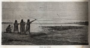Caccia alla tartaruga tra gli indiani Conibos del Perù. Disegno di Riou per illustrare il viaggio dal 1848 al 1860 di P. Marcoy dall