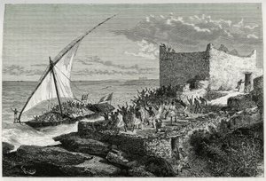 Con lo sterco dei viaggiatori che entrano nel porto di Moguedouchou (Mogadiscio), i marinai fanno un gran baccano per attirare le persone che li accolgono con grida di entusiasmo. Incisione di Riou, per illustrare il racconto “Viaggio tra i Benadir, i soma da Edouard Riou