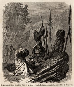 Mongoli in devozione a un obo, vicino alle montagne Bakka e Mongolia, disegno di Vaumort per illustrare il viaggio da Shanghai a Mosca, dal 1859 al 1862, di M. de Bourboulon, ministro francese in Cina. Incisione in "Le tour du monde", edito da Edouard Char da Edouard Vaumort