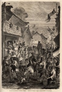 La strada dei commercianti di abbigliamento, Kalgan, Mongolia. Disegno di Vaumort, per illustrare il viaggio da Shanghai a Mosca, dal 1859 al 1862, di M. de Bourboulon, ministro francese in Cina. Incisione in "Le tour du monde" da Edouard Vaumort