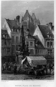 Piazza del mercato della città di Noyon, Oise, Piccardia, Francia. Incisione di Willmann in 