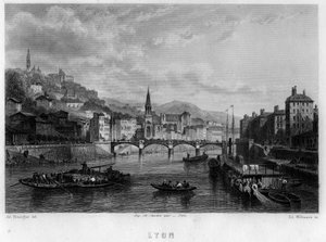 Vista della città di Lione, dipartimento del Rodano, regione Rodano-Alpi, Francia. Incisione di Willmann in 