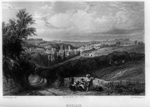 Vista della città di Morlaix, Finistère, Bretagna, Francia. Incisione di Willmann in 