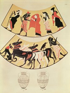 Disegni da un vaso etrusco che raffigurano una processione di sacerdoti e la delimitazione di una nuova città usando un aratro trainato da buoi da Eduard Gerhardt