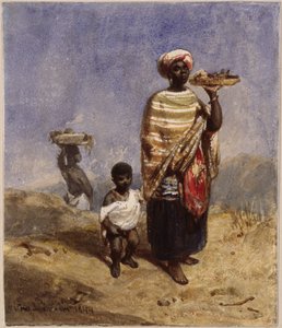 Una donna afro-brasiliana che tiene per mano un bambino con la mano destra e regge una ciotola di frutta con la sinistra da Eduard Hildebrandt