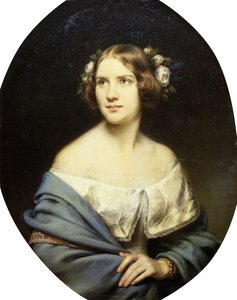 Ritratto di Jenny Lind, in piedi a mezzo busto in un vestito bianco e uno scialle azzurro chiaro da Eduard Magnus