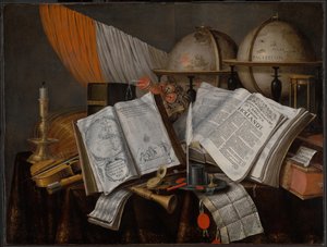 Natura morta vanitas con una bandiera, candeliere, strumenti musicali, libri, articoli di scrittura