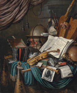 Un globo, una cassetta di gioielli e medaglioni, libri, una ghironda, una cornamusa, un liuto, un violino, una tazza d