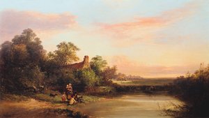 Paesaggio inglese con cottage e ruscello, 1860 da Edward Charles Williams