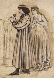 Scena del Re René che scolpisce una figura mentre è osservato dalla sua nuova sposa (penna e inchiostro di china con lavaggio e matita su carta) da Edward Coley Burne Jones