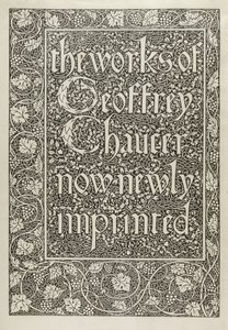Pagina del titolo, da Le opere di Geoffrey Chaucer ora nuovamente stampate, inciso da William Morris, 1896
