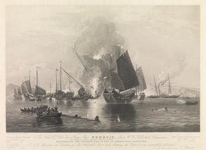 La Hon. E.I. Co. Iron Steam Ship Nemesis, ... con le barche di Sulphur, Calliope, Larne e Starling, che distruggono le giunche da guerra cinesi, nella baia di Anson, 7 gennaio 1841 (Chuenpee vicino a Canton) da Edward Duncan