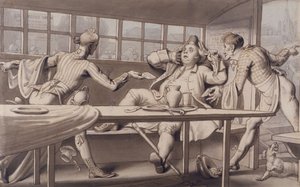 John Gilpin nella barca del passaggio di Uxbridge (penna con lavaggio blu e marrone) da Edward Francis Burney
