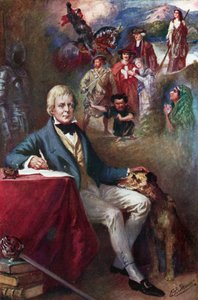 Sir Walter Scott e alcune delle sue creazioni più famose (litografia a colori)