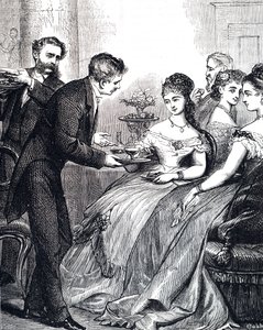 Incisione raffigurante un gentiluomo che porge un piatto di gelatina a una signora durante una cena da Edward Hughes