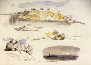 Cinque schizzi di Luxor (Egitto), tre vedute di una casa galleggiante carica di paglia, uno schizzo di cinque egiziani seduti e un paesaggio al crepuscolo da Edward Lear
