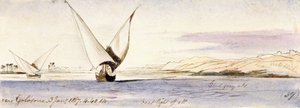 Vista del Nilo vicino a Golosona (Egitto), con una barca tradizionale egiziana che naviga da Edward Lear