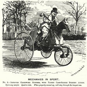 Cartone animato Punch: Meccanica nello sport. N. 3. - Cacciatori a carica migliorati, con azione di urto a sella brevettata (incisione) da Edward Linley (after) Sambourne