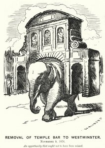 Cartone animato di Punch: Rimozione del Temple Bar a Westminster (incisione) da Edward Linley (after) Sambourne