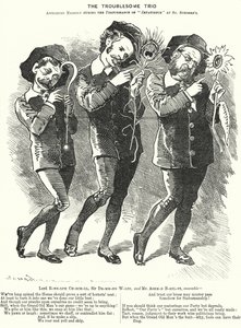 Cartone animato di Punch: Il trio fastidioso: Lord Randolph Churchill, Henry Drummond Wolff e Ellis Ashmead-Bartlett, politici conservatori britannici da Edward Linley (after) Sambourne
