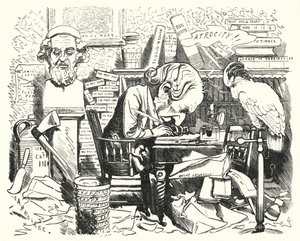 Cartone animato di Punch: scrittore al lavoro nel suo studio (incisione)