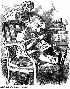 Evelyn Ashley (1836-1907) autore inglese e politico liberale: figlio del 7° conte di Shaftesbury. Caricatura di Edward Linley Sambourne nella serie Fancy Portraits da Punch Londra aprile 1881 quando Ashley era sottosegretario al Board of Trade. da Edward Linley Sambourne
