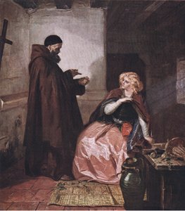 Giulietta e frate Lorenzo (Romeo e Giulietta) Prendi la fiala, essendo poi a letto, e bevi questo liquore distillato, da Le opere complete di William Shakespeare pub. da J Coker & Co Ltd da Edward Matthew Ward