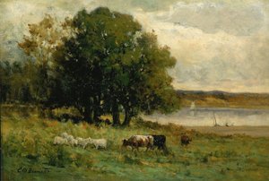 Senza titolo (bestiame vicino al fiume con barca a vela in lontananza) da Edward Mitchell Bannister