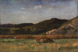 Senza titolo (paesaggio con mucche al pascolo, colline)