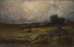 Senza titolo (paesaggio con roccia in primo piano e tetto con campanile, lago sullo sfondo) da Edward Mitchell Bannister