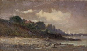 Senza titolo (costa con barche a vela e tetto) da Edward Mitchell Bannister