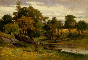 Paesaggio senza titolo, barca ormeggiata vicino al ruscello, uomo che cammina in primo piano