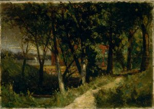 Paesaggio senza titolo, scena forestale con recinto rosso e edificio, 1893