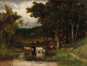 Paesaggio senza titolo con mucche nel ruscello vicino agli alberi, 1882