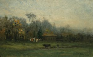 Paesaggio senza titolo con uomo che ara i campi, n.d.