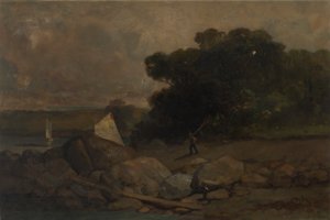 Paesaggio senza titolo con rocce, uomo e barche a vela da Edward Mitchell Bannister