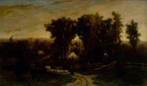Donna senza titolo con bestiame e pecore al crepuscolo da Edward Mitchell Bannister
