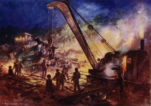 Gru che rimuove i rottami dalla scena di un incidente ferroviario da Edward Parick Kinsella