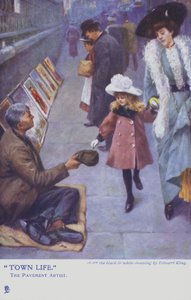 Una giovane ragazza e sua madre danno soldi a un artista di strada