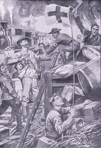 Falsi ambulanzieri che distruggono i magazzini a Komati Foort sotto la copertura della bandiera della Croce Rossa, illustrazione da After Pretoria: The Guerilla War, 1902 da Edward Read