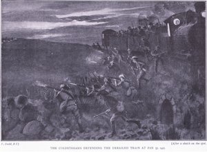 I Coldstream che difendono un treno deragliato, illustrazione da After Pretoria: The Guerilla War, 1902 da Edward Read